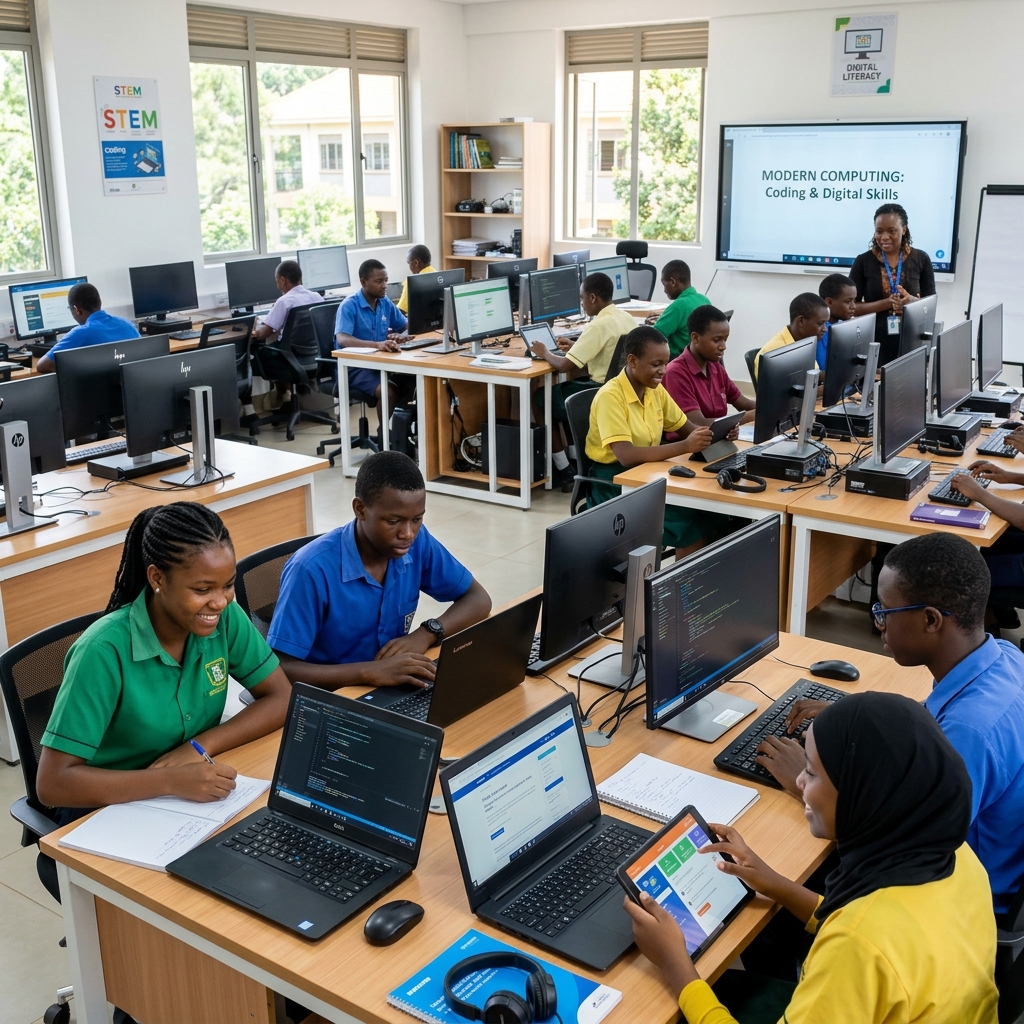 Students using modern technology in school
